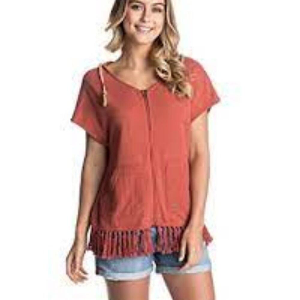 Roxy Paquito Hooded Fringe Sweatshirt Short Sleeves Size XS NEW
